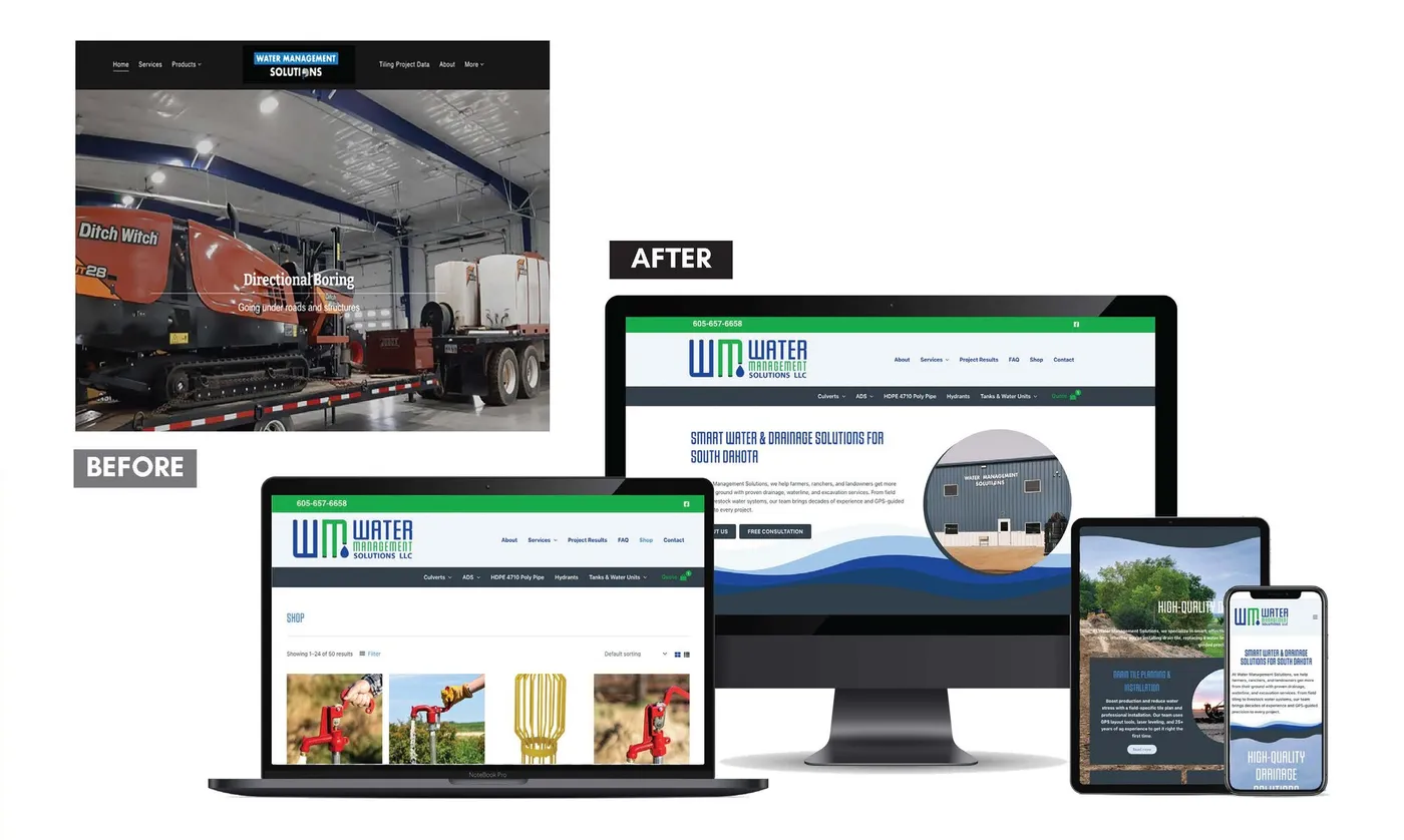 Water Management Solutions website before and after the redesign, shown on desktop, laptop, tablet and phone